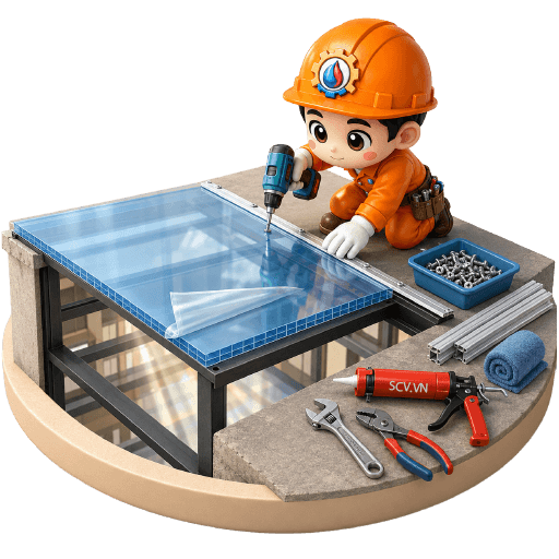 Thi công giếng trời kính cường lực